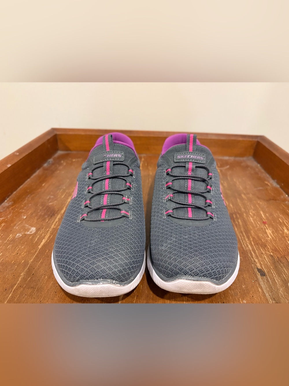 Skechers Women's Slip-On Athletic Sneakers in Gray with Pink Accents